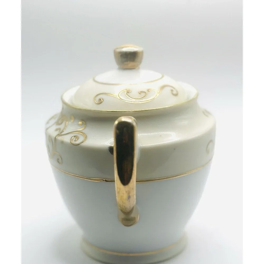 Vintage HANO Painted Japan Covered Sugar Bowl Gold Scroll Handles